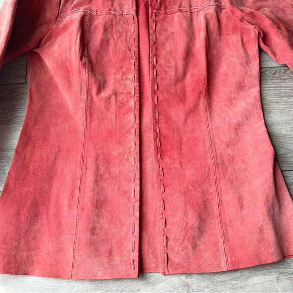 Cleo  Coral Red Suede Leather Braided Leather Jacket - Picture 8 of 16